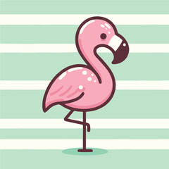 A Whimsical Cartoon Pink Flamingo Stands Gracefully On One Leg Against A Background Of Soft Mint Green And White Stripes In A Cute Playful Style
