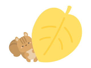 秋のフレーム、リスと紅葉した葉