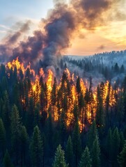 Fiery sunset wildfire engulfing a coniferous forest, billowing smoke against a dramatic sky