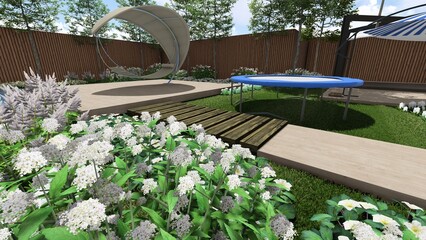 3d image of the landscape design of the home territory. Landscaping of the territory. Computer visualization of composite landscaping and landscaping solutions. White garden.