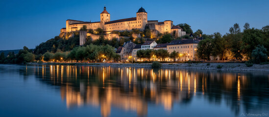 Fototapeta premium Illuminated castle on a hill reflecting in the water at twilight. Beautiful nightscape with glowing lights and buildings