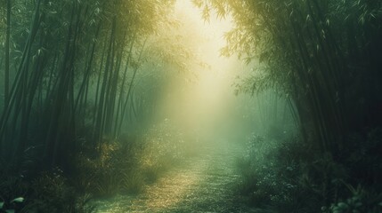 Obraz premium Misty Bamboo Forest Path with Golden Sunlight