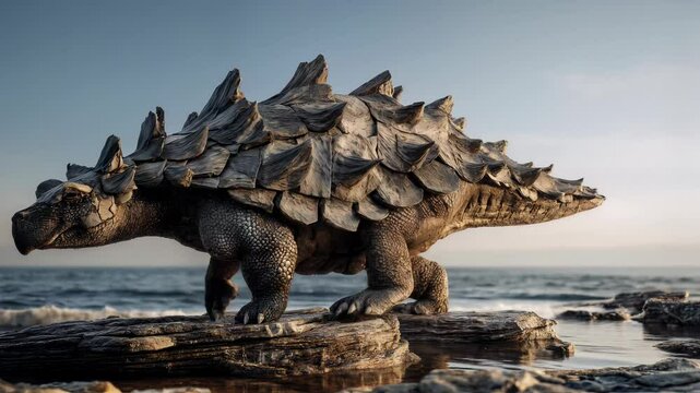 Armored ankylosaurus strides across rocky shoreline, armor plates catching soft light. Powerful tail club of ankylosaurus hints at this dinosaurs armored defense. Dinosaur with primeval strength