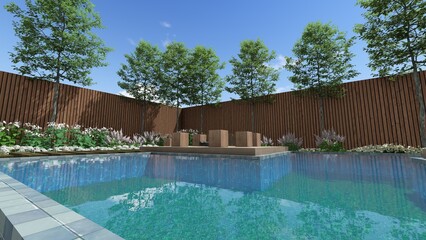 3d image of the landscape design of the home territory. Landscaping of the territory. Computer visualization of composite landscaping and landscaping solutions. White garden.