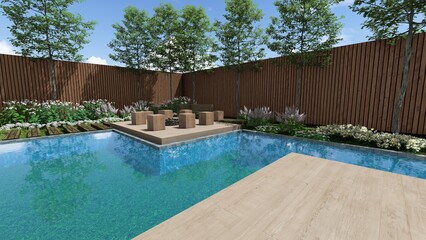 3d image of the landscape design of the home territory. Landscaping of the territory. Computer visualization of composite landscaping and landscaping solutions. White garden.