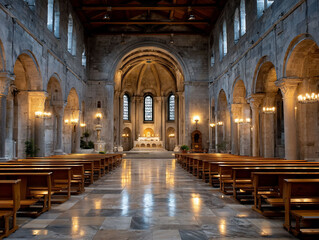 Fototapeta premium Interior view of a historical church, showcasing architectural design with arches and pews