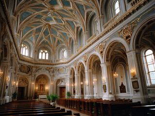 Fototapeta premium Interior view of a majestic church hall with ornate architecture and vaulted ceilings