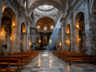 Fototapeta premium Interior view of an old church with arches, dome, and sunlight streaming in