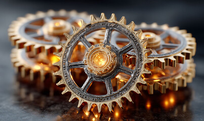 Intricate golden cogwheels, detailed metalwork, reflecting light. Close-up industrial design, 3D render