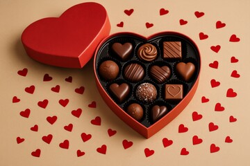 image.Heart-shaped red gift box with assorted chocolate candies surrounded by small red hearts on a beige background, Valentine's Day concept