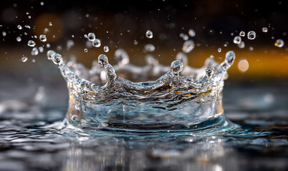 Liquid droplets rising from water surface forming a dynamic water crown shape