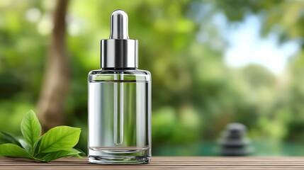 A sleek and clean transparent serum bottle with a blank label, set against a calming spa background. Perfect for showcasing skincare and beauty products.