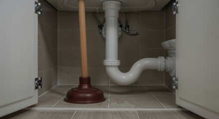Toilet plunger under sink in bathroom cabinet, indoor scene, plumbing and maintenance concept