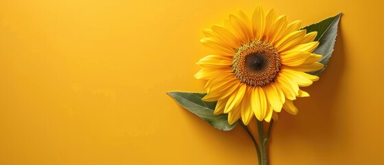 Obraz premium Single sunflower with green leaves on a light textured background. Floral and nature concept. Close up of sunflower or flower with yellow petal placed on yellow background. Floral decoration. AIG55.