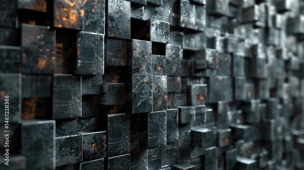 Poster abstract metallic geometric blocks in grey and gold. abstract artwork of 3d rendering art with geome