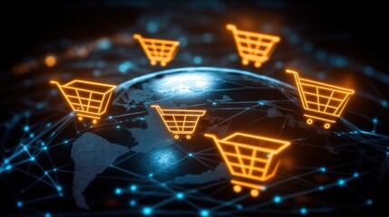 Global online shopping network with cart icons representing international ecommerce connections and digital retail market expansion