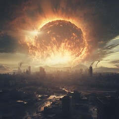 Fototapeta premium Apocalyptic sunrise over a devastated city