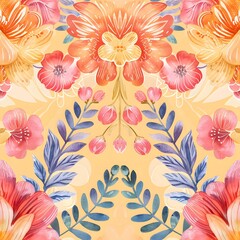 Floral seamless pattern with tropical flowers and leaves on yellow background. Summer botanical design for textile, wallpaper, and greeting card. Warm color palette concept.