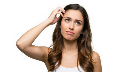 Woman scratching her head isolated on white background