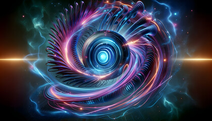 Swirling spirals of light and particles converge into a glowing center in space, evoking advanced tech or dimensional rift..