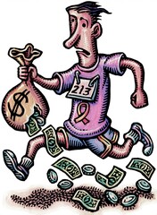 man running in race carrying bag of money with a hole in it