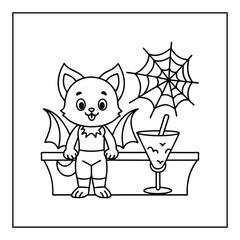Summer Bat and spider web With table gin and tonic Vector Coloring Page 