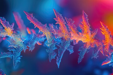 Obraz premium A macro shot of colorful frost crystals shows intricate, spiky structures against a vibrant, blurred background of blues, pinks and oranges.