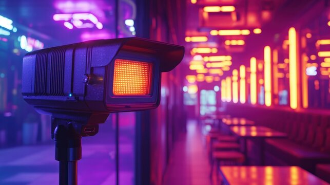 Futuristic surveillance camera in a vibrant neon-lit nightclub