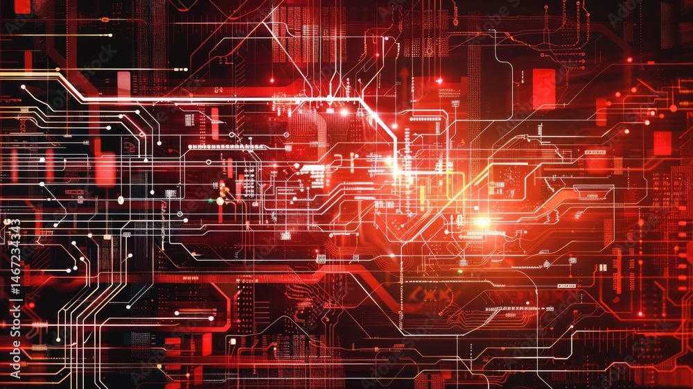 Poster abstract red circuit board pattern with glowing lights on dark background. the red hues and light ef