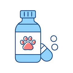 Pet medicine bottle with paw print label and pills veterinary care animal health product