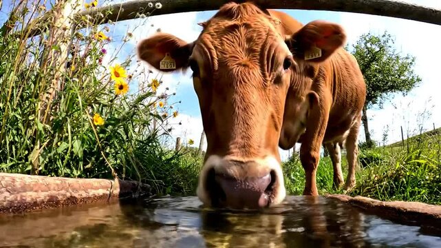 Brown cow drinking water
