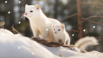 Snow marten with his child standing in the arctic regions green frost forest, rare view in the arctic, rare animal sighting in snowy forest