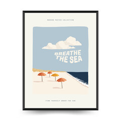 Editable vector poster with summer themes: beach, sea, sun, waves, umbrellas. Minimalist style, easy to customize, ideal for print, decor, and social media. © KozyPlace
