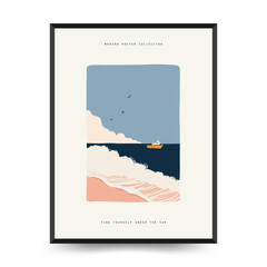 Editable vector poster with summer themes: beach, sea, sun, waves, umbrellas. Minimalist style, easy to customize, ideal for print, decor, and social media.
