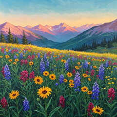 Fototapeta premium Vibrant wildflowers in scenic mountain landscape at sunset