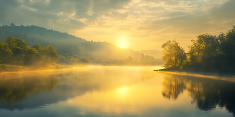 Obraz premium Sunrise River Landscape Golden Hour Nature Photography