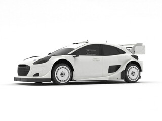 All white modern rally car template isolated on white background. 3D illustration. Left and front view.