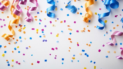 Festive Celebration: Colorful Ribbons and Confetti on White Background