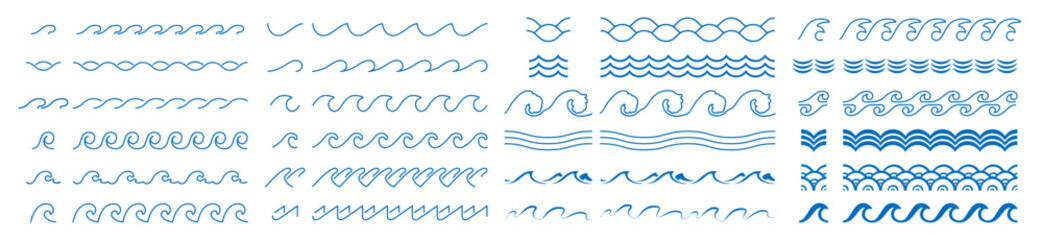 Sea and Ocean Wave Icons Pattern Set. Black and Blue Water Wave Shapes, Line Patterns, Splash Symbols, Nautical Vector Logos on Transparent Background
