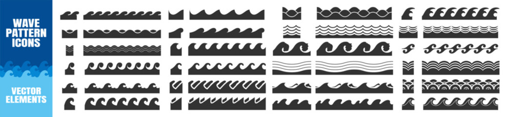 Sea and Ocean Wave Icons Pattern Set. Black and Blue Water Wave Shapes, Line Patterns, Splash Symbols, Nautical Vector Logos on Transparent Background