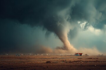 Impressive tornado approaching a rural community; storm cloud formation looms above houses across an open field