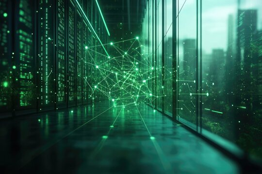 A futuristic server room with green glowing network connections illustrating data flow and digital infrastructure.