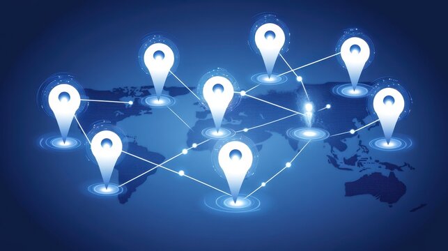 Global network connectivity with illuminated map pins for worldwide business reach and international logistics and communication blueprint