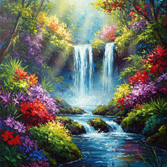 Vibrant waterfall surrounded by colorful flowers and lush greenery