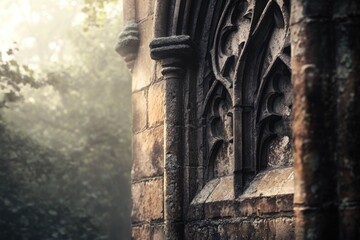 Naklejka premium Close-up view of gothic architecture and natural light, creating a contrast between the stone and soft forest in the background.