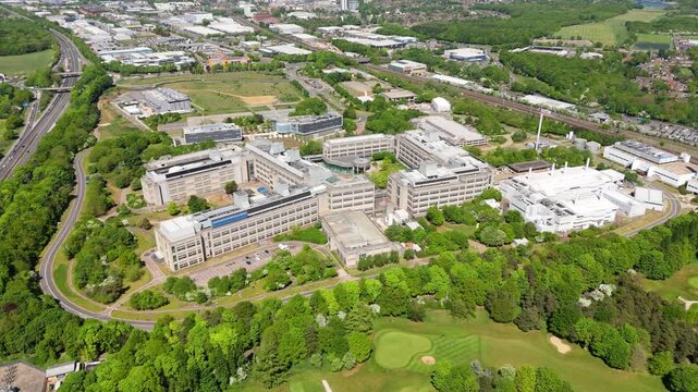 Aerial drone view GSK factory building manufacturing Pharmaceuticals England UK Stevenage UK