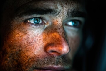 Intense close-up of face featuring striking light blue eyes and freckles, deep in thought, with dramatic lighting.