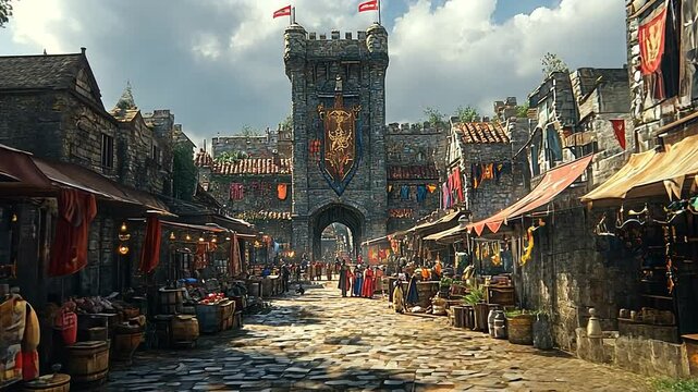 Vibrant medieval marketplace with bustling activity, historic architecture, and colorful banners