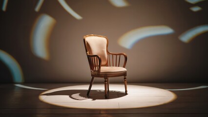 Ornate armchair illuminated by spotlight on empty stage
