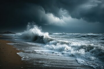 Dramatic seashore vista shows rough ocean waves crashing on sandy beach under dark, stormy cloudscape above horizon